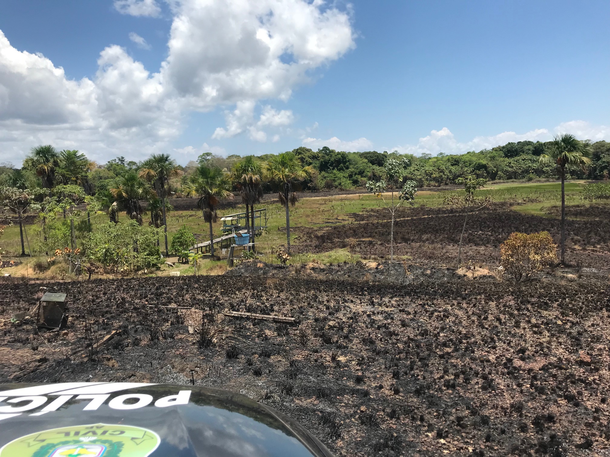 police car in front of deforested land