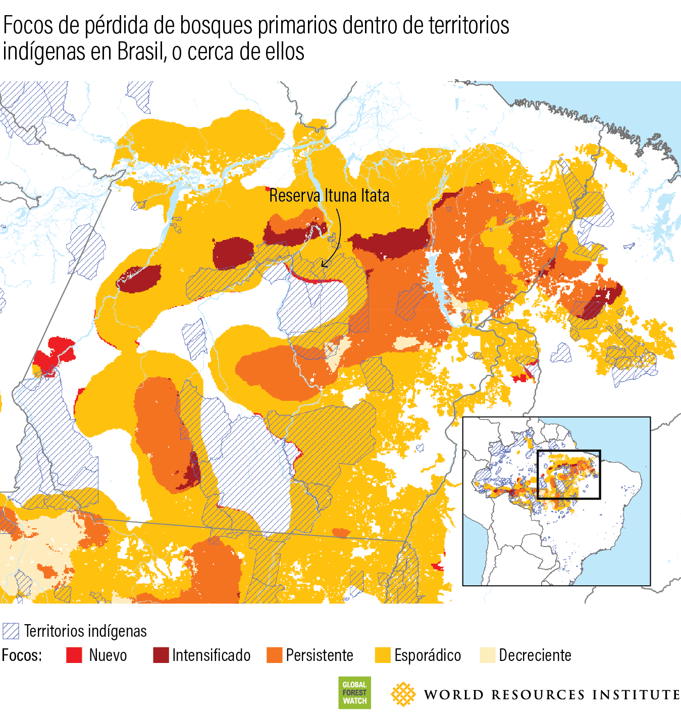 Focos de perdida de bosques primarios dentro de territorios indigenas en brasil, o cerca de ellos