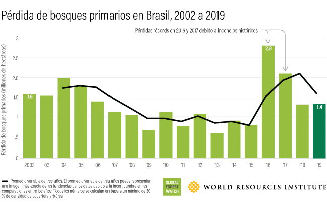 Este gráfico de barras muestra la cantidad de bosque que se ha perdido en Brasil anualmente entre 2002 (1,6 millones de hectáreas) y 2019 (1,4 millones de hectáreas).
