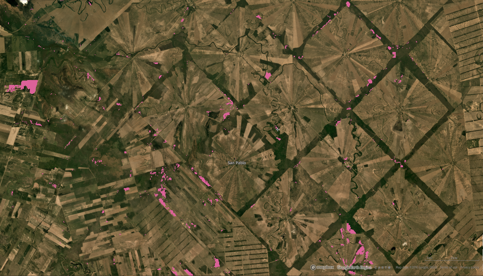 Radial agricultural settlement in Bolivia visible in high-resolution Imagery.