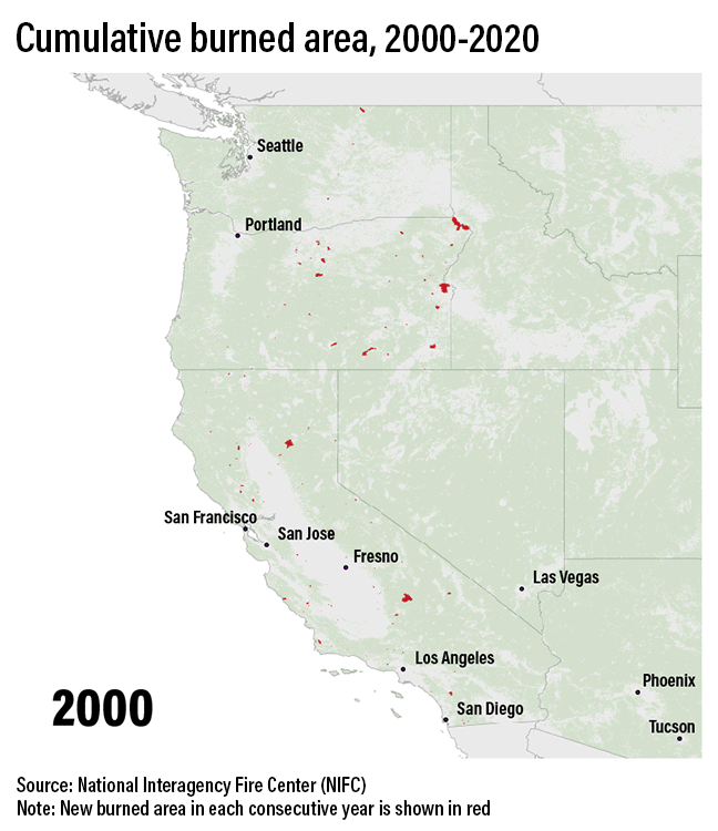 burned area on the US west coast 2000-2020
