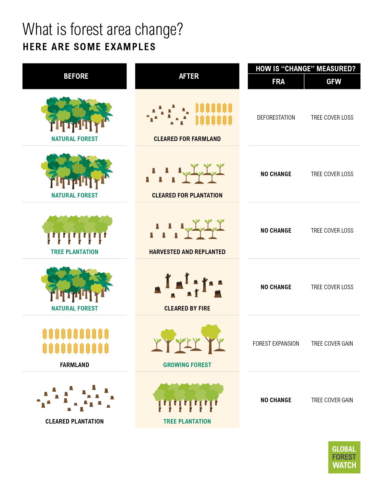 What is forest area change for GFW and FRA?