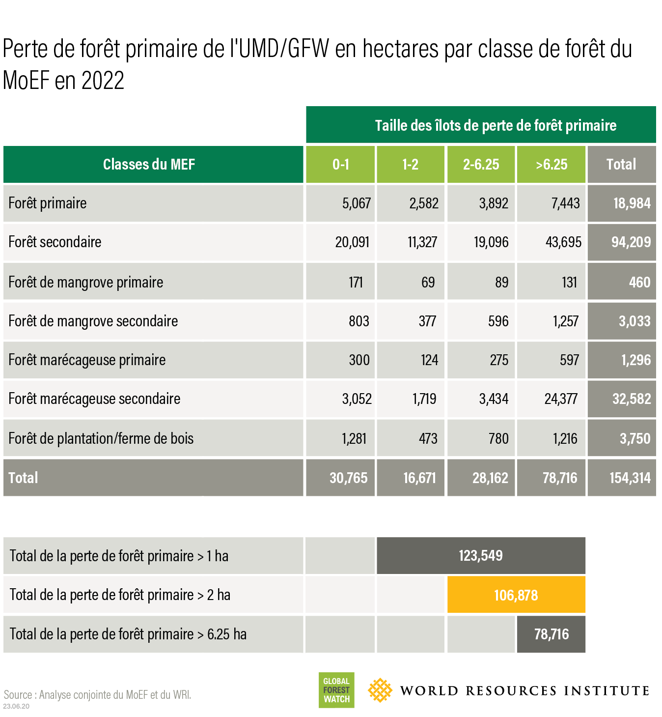 Perte de forêt primaire de l'UMD/GFW en hectares par classe de forêt du MoEF en 2022