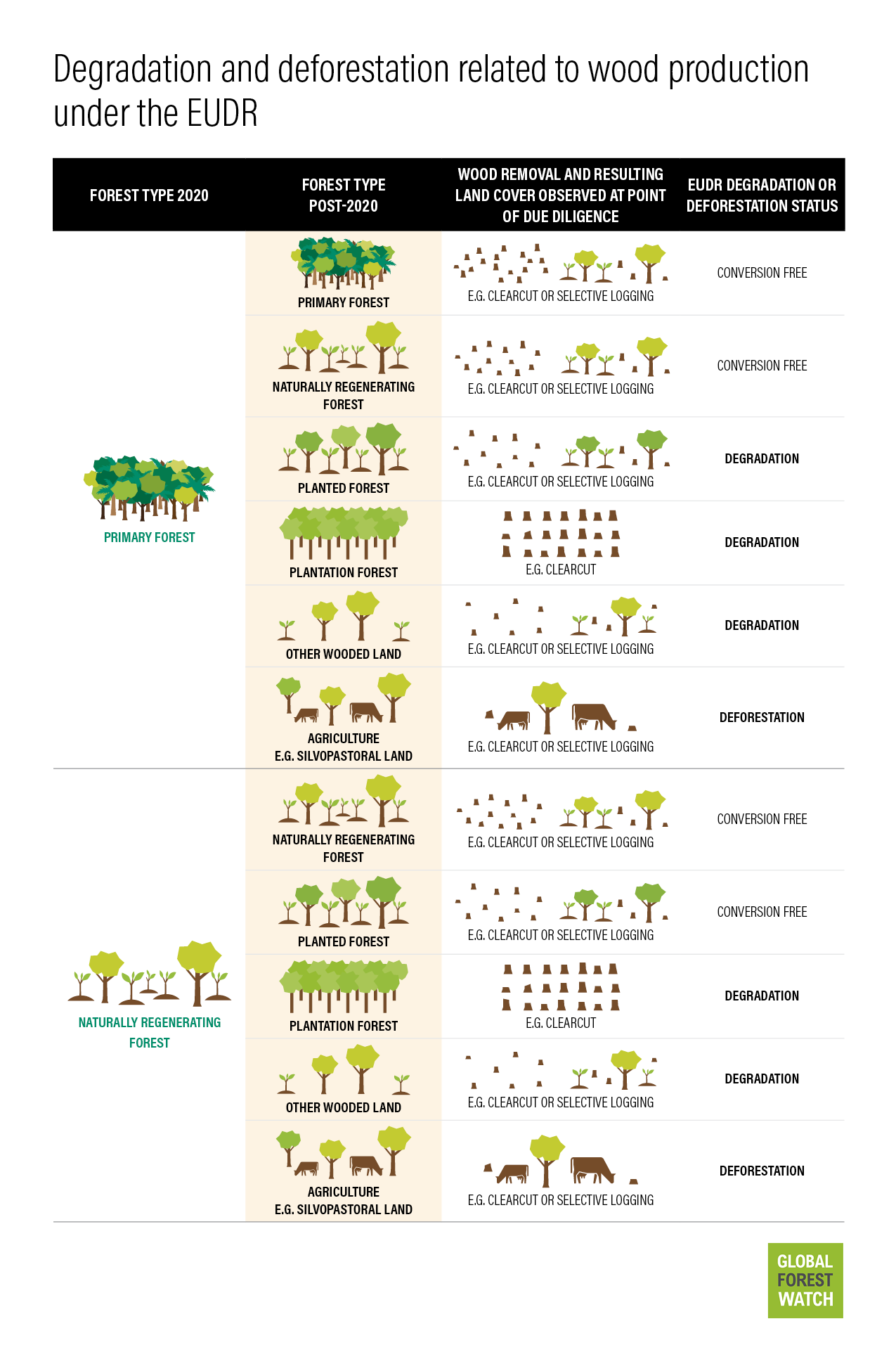 Degradation and deforestation relate to wood production under the EUDR