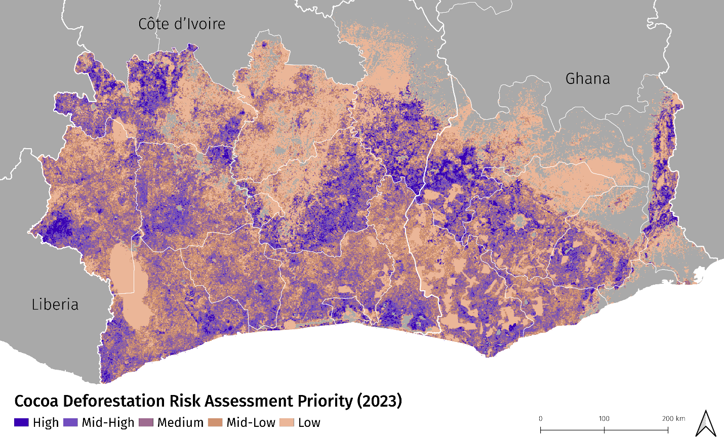 Mapa de prioridades de avaliação do risco de desmatamento do cacau para 2023