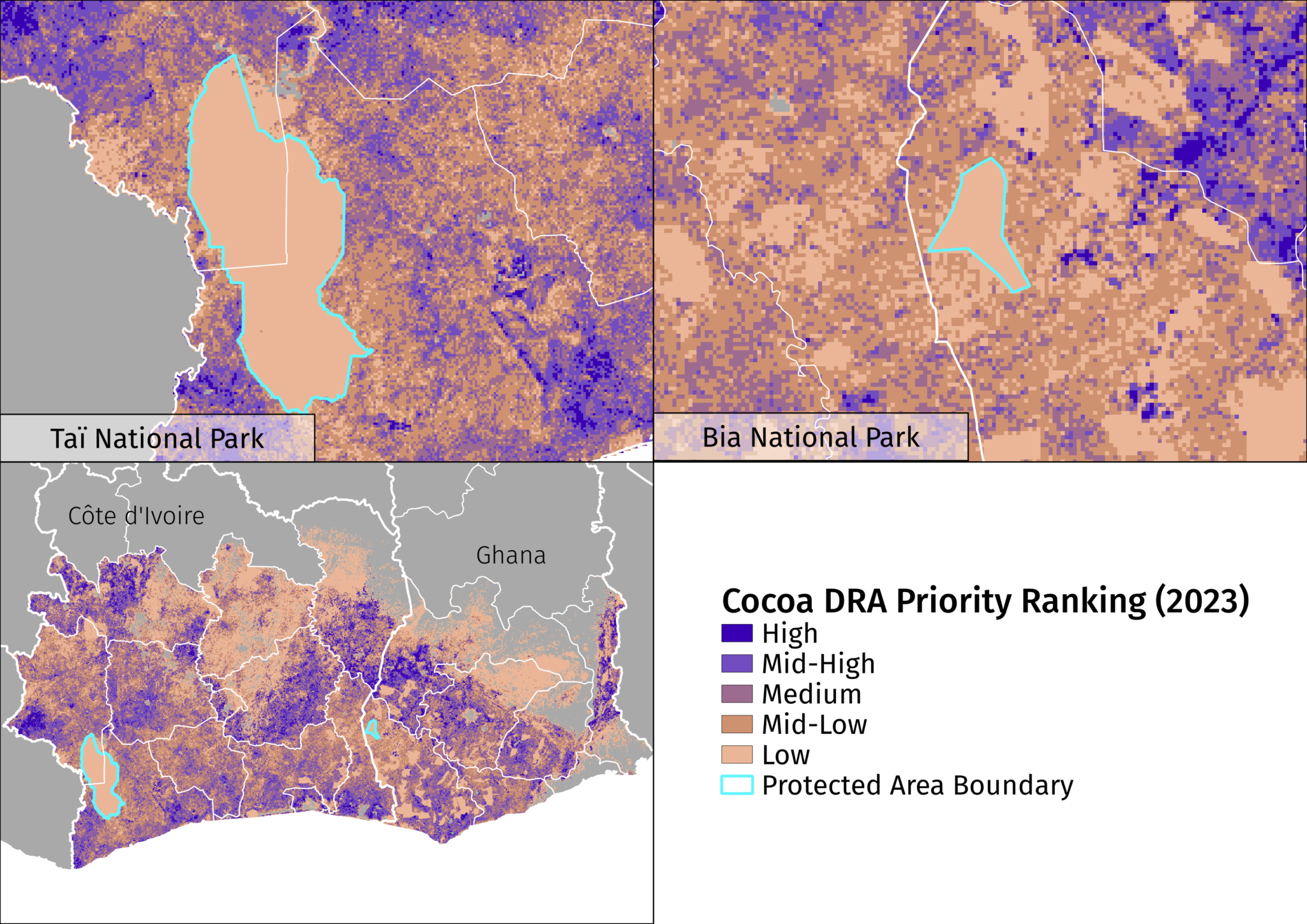 Mapa de classificação de prioridades de avaliação de risco de desmatamento de cacau (2023) mostrando áreas protegidas