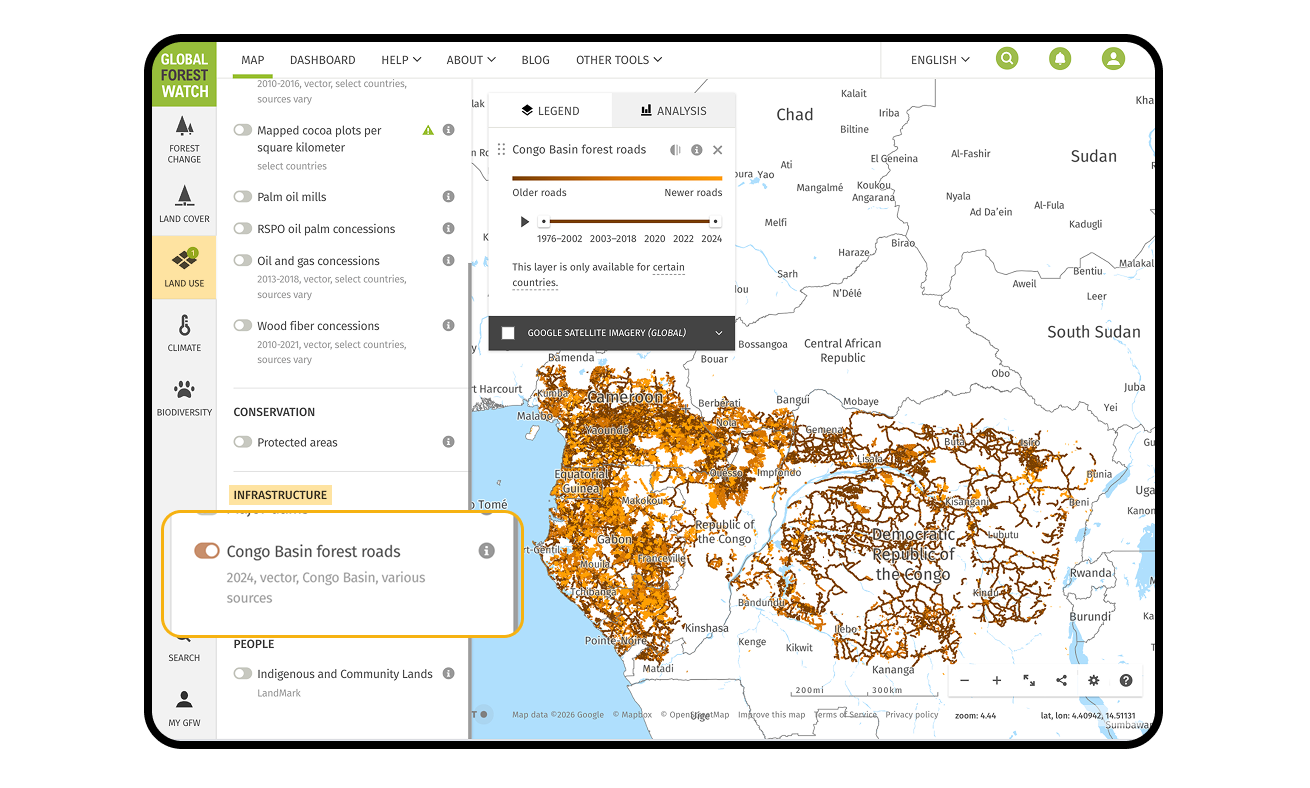 Screenshot of Forest roads in the Congo Basin (1976 to 2024)